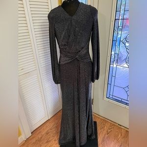 Betsy & Adam Metallic Bell Long Sleeve Gown